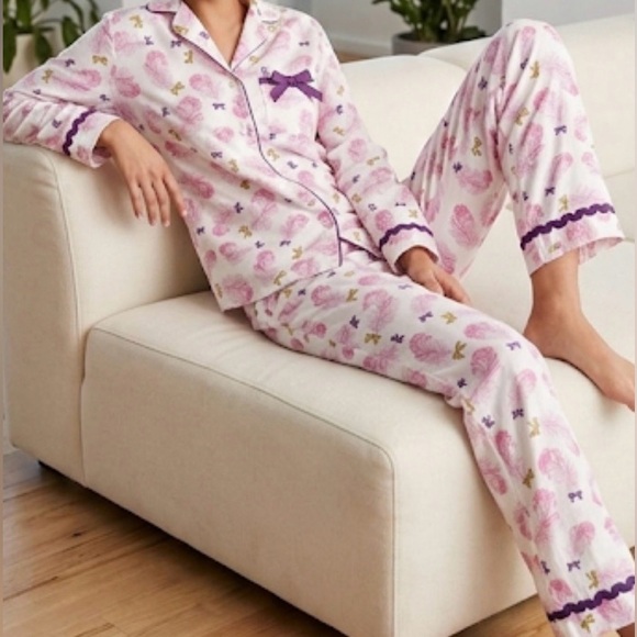 Victoria's Secret Other - Victoria’s Secret Vintage Feather & Bow Cotton Pajama Set XS Pink Purple